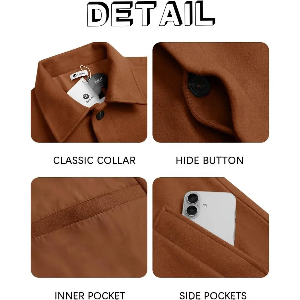 Men's Brown Long Trench Coat Single Breasted Casual Winter Warm Pea Coat